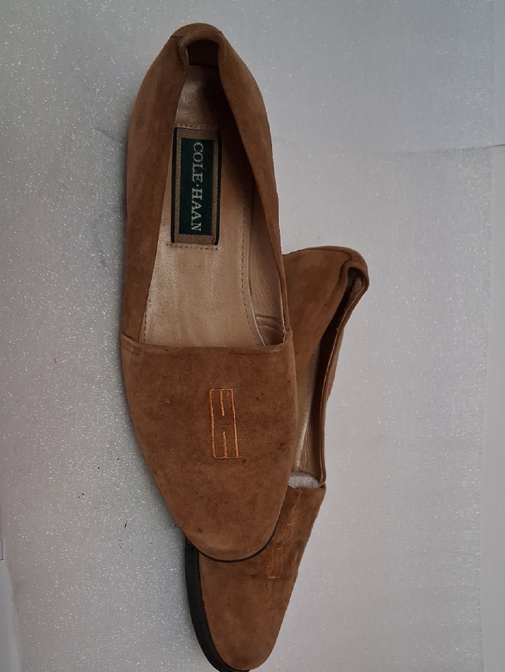 Cole Haan Tan Suede Slip-On Loafers with Embroidered Logo